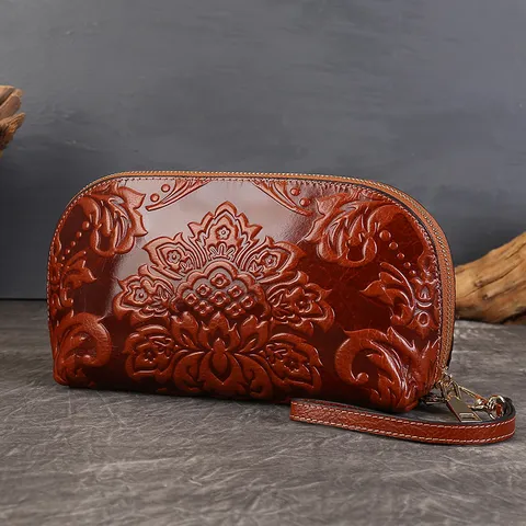 Women Genuine Top Layer Cowhide Leather Embossed Phone Bag Vintage Retro Clutch Wallet Zipper Coin Purse Daily Handbag