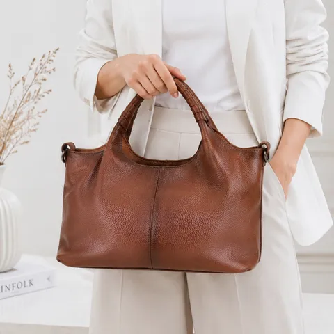 Retro Genuine Cowhide Leather Tote Bag For Women Large Capacity Soft Top Handle Shoulder Crossbody Handbag Commuter Bag