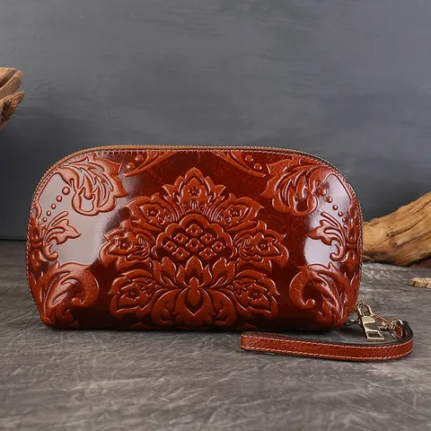 Women Genuine Top Layer Cowhide Leather Embossed Phone Bag Vintage Retro Clutch Wallet Zipper Coin Purse Daily Handbag