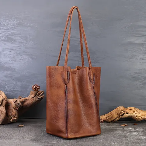 Borsa Secchiello Vintage di Grande Capacità per Donna Retro Casual Lavoro Tote Bag Vera Pelle di Alta Calta Borsa a Tracolla con Manico Superiore