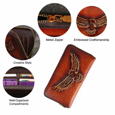 Genuine Leather Long Wallet For Women Men Vintage Eagle Embossed Zip Around Card Holder Large Capacity Clutch Purse