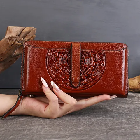 Vintage Genuine Leather Long Wallet For Women Large Capacity Multi-Card Slot Phone Bag Top Layer Cowhide Embossed Purse