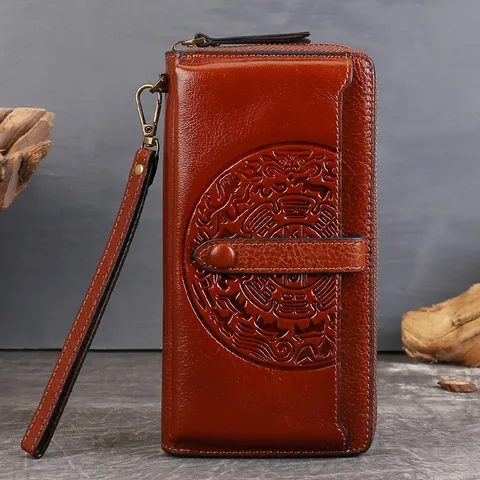 Vintage Genuine Leather Long Wallet For Women Large Capacity Multi-Card Slot Phone Bag Top Layer Cowhide Embossed Purse
