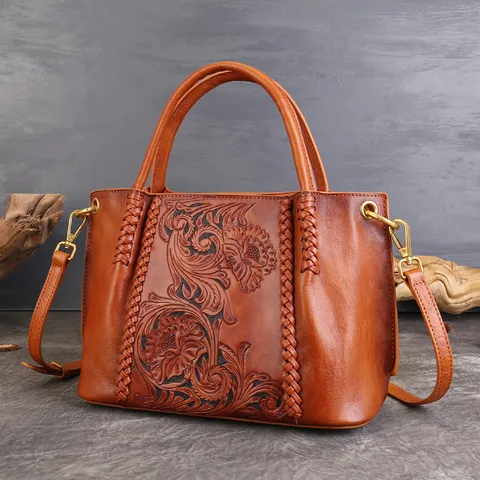 Vintage Genuine Leather Tote Bag For Women Handcrafted Carved Pattern Woven Top Handle Shoulder Crossbody Bag Casual Retro Purse