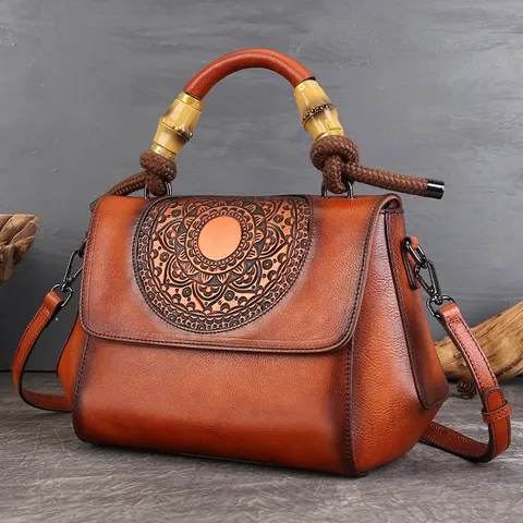 Vintage Embossed Genuine Leather Women Crossbody Bag Luxury Top Handle Handbag Bamboo Handle Satchel Bag