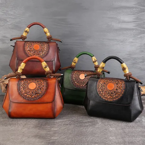 Vintage Embossed Genuine Leather Women Crossbody Bag Luxury Top Handle Handbag Bamboo Handle Satchel Bag