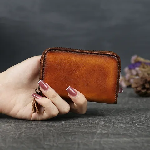 Genuine Cowhide Leather Zipper Card Holder Mini Wallet Vintage Solid Color Multi-Slot Card Case For Unisex Daily Use
