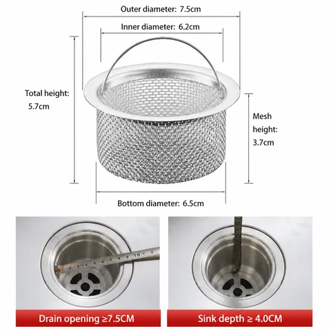 Stainless Steel Kitchen Sink Strainer Basket Anti Clogging Drain Filter With Convenient Handle For Washing Basin