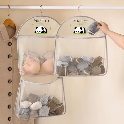 Breathable Mesh Hanging Storage Bag Wardrobe Organizer With Panda Pattern Multi-Layer Sundries Storage Pocket