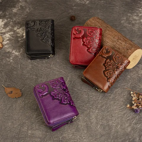 Women's Genuine Leather Wallet European Vintage Embossed Card Holder Multifunctional Large Capacity Zipper Coin Purse