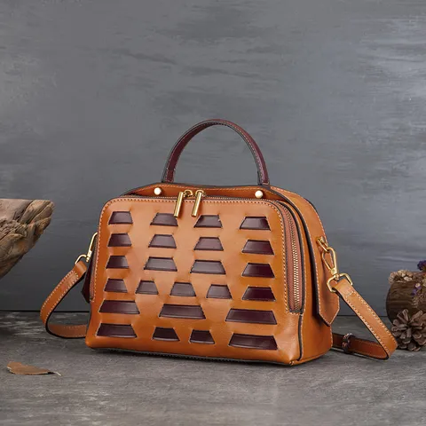 Vintage Genuine Leather Top Handle Bag For Women Retro Woven Large Capacity Tote Crossbody Bag