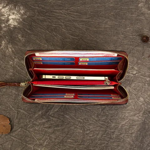 Vintage Genuine Leather Women's Wallet Embossed Floral Long Zip Purse Multi-Function Handbag Daily Clutch