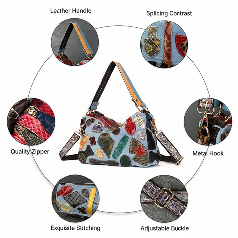 Vintage Retro Patchwork Cowhide Leather Denim Shoulder Bag Women Casual Multicolour Boston Pillow Bag Fashion Crossbody Bag