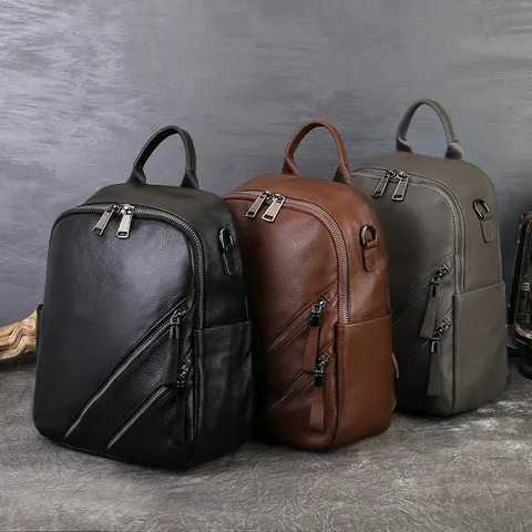 Women Genuine Leather Backpack Vintage Casual Travel Daypack Top Layer Cowhide Laptop School Bag With Pockets