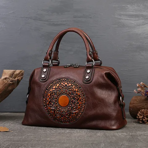 Women Tote Bag Vintage Embossed Totem Leather Handbag Large Capacity Commuter Shoulder Crossbody Dumpling Bag