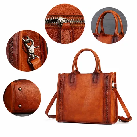 Genuine Leather Women Handbag Top Layer Cowhide Retro Casual Solid Color Shoulder Crossbody Bag Vintage Tote