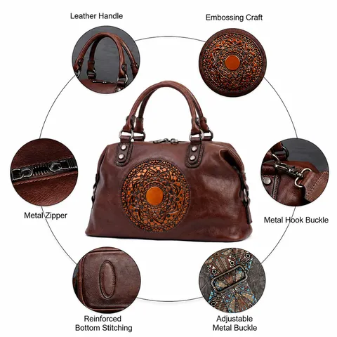 Women Tote Bag Vintage Embossed Totem Leather Handbag Large Capacity Commuter Shoulder Crossbody Dumpling Bag