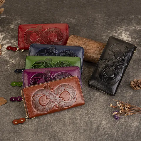 Women Genuine Leather Vintage Embossed Long Wallet Zipper Handbag Multi Card Holder Clutch Purse