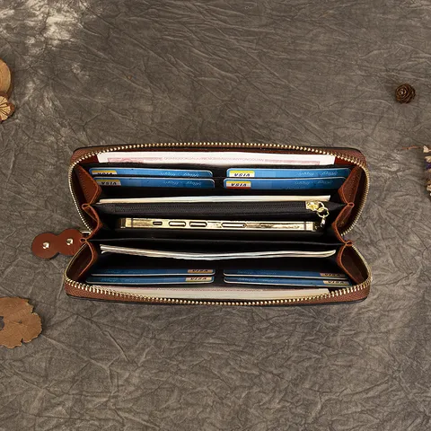 Women Genuine Leather Vintage Embossed Long Wallet Zipper Handbag Multi Card Holder Clutch Purse