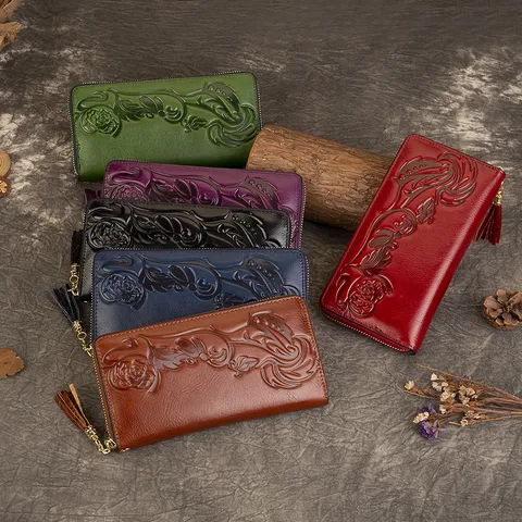 Women's Genuine Leather Long Wallet Vintage Embossed Top Layer Cowhide Large Capacity Zipper Coin Purse Card Holder