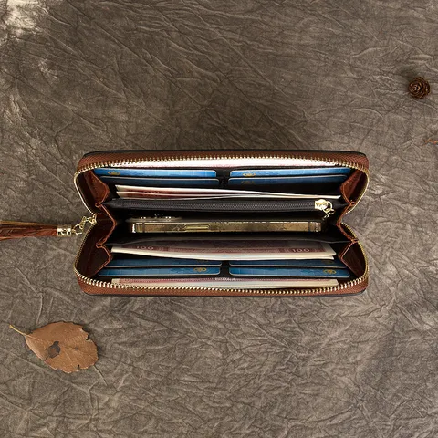 Women's Genuine Leather Long Wallet Vintage Embossed Top Layer Cowhide Large Capacity Zipper Coin Purse Card Holder