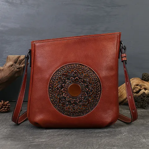 Vintage Totem Embossed Genuine Leather Women Shoulder Bag Multi Compartment Casual Crossbody Bag
