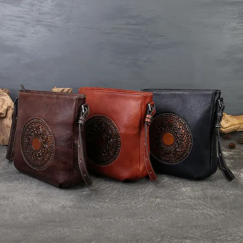 Vintage Totem Embossed Genuine Leather Women Shoulder Bag Multi Compartment Casual Crossbody Bag