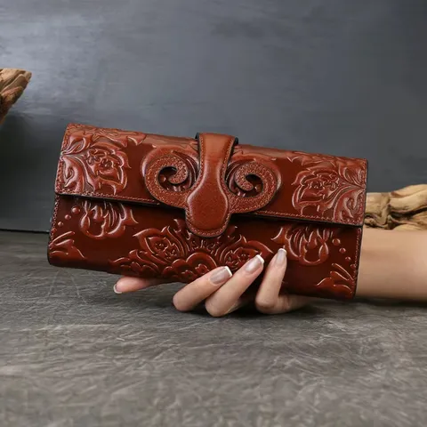 Women Long Wallet Genuine Leather Top Layer Cowhide Retro Embossed Purse Chinese Style Clutch Vintage Card Holder Handbag