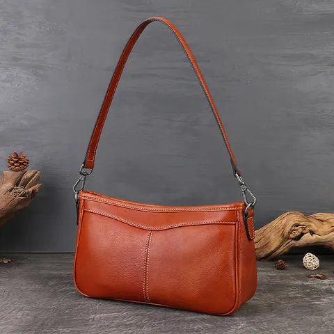 Women's Vintage Genuine Leather Underarm Bag Retro Casual Solid Color Zipper Shoulder Bag Female Commuter Handbag