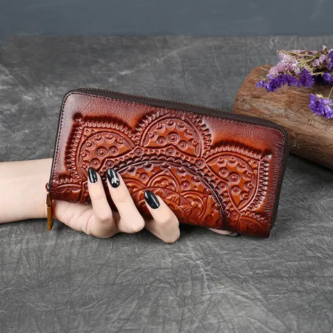 Top Layer Cowhide Retro National Style Embossed Long Wallet Multi-functional Zipper Clutch Purse For Women