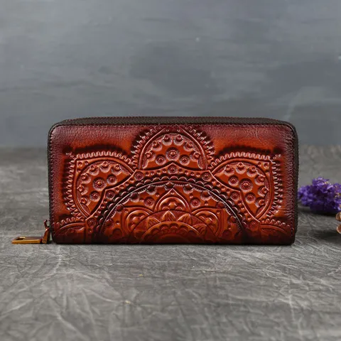 Top Layer Cowhide Retro National Style Embossed Long Wallet Multi-functional Zipper Clutch Purse For Women