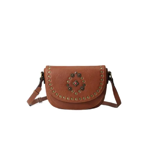 Women Genuine Top Layer Cowhide Leather Saddle Bag Vintage Rivet Gemstone Crossbody Bag Retro Shoulder Bag Daily Purse