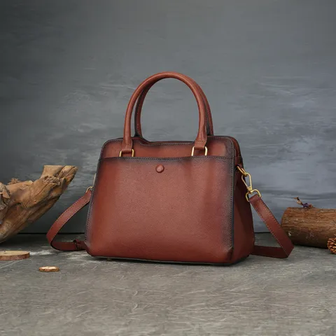 Genuine Leather Women Handbag Vintage Large Capacity Tote Bag Casual Commuter Top Handle Shoulder Bag Retro Design