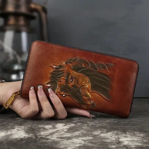 Genuine Leather Long Wallet For Women Vintage Distressed Animal Embossed Zip Around Clutch Bag Multi-Card Large Capacity Purse