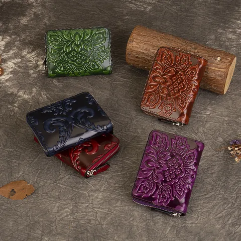 Women Genuine Leather Vintage Wallet Card Holder Accordion Multi-Card Slot Mini Coin Purse Zipper Floral Embossed Wallet