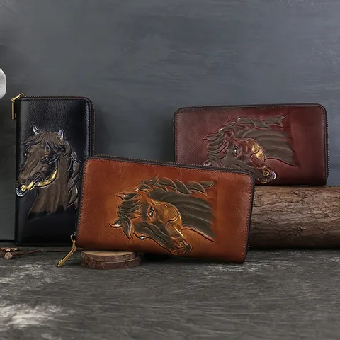 Genuine Leather Long Wallet For Women Vintage Distressed Animal Embossed Zip Around Clutch Bag Multi-Card Large Capacity Purse