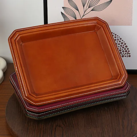 Vintage Leather Catchall Tray Waxed Cowhide Valet Tray Desk Organizer For Jewelry Watch Keys Coin Brown