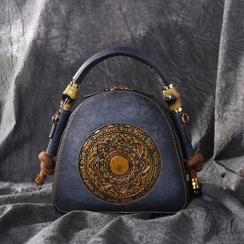 Genuine Leather Women Handbag Vintage Shell Bag Chinese Style Mandala Embossed Bamboo Handle Crossbody Shoulder Bag