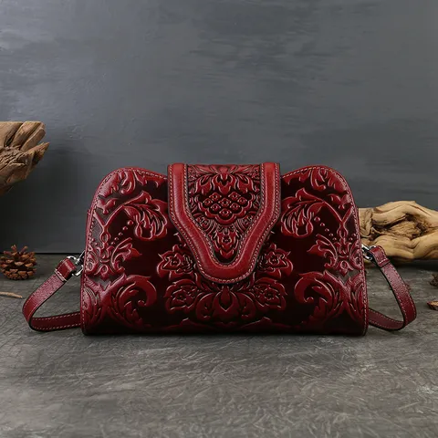 Vintage Genuine Leather Embossed Evening Bag Women Luxury Handbag Elegant Banquet Party Underarm Bag Floral Clutch