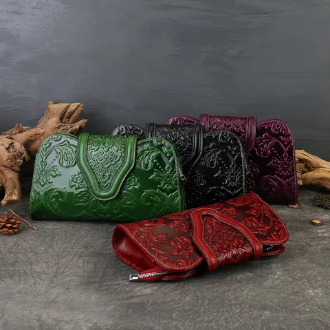 Vintage Genuine Leather Embossed Evening Bag Women Luxury Handbag Elegant Banquet Party Underarm Bag Floral Clutch