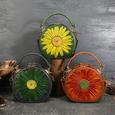 Vintage Genuine Leather Women Round Bag Literary Chinese Style Sunflower Embossed Shoulder Crossbody Bag Handbag