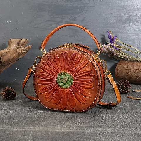 Vintage Genuine Leather Women Round Bag Literary Chinese Style Sunflower Embossed Shoulder Crossbody Bag Handbag