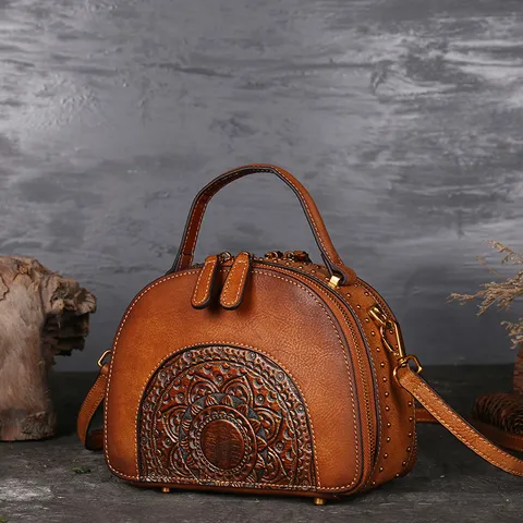 Vintage Genuine First Layer Cowhide Leather Women Handbag Ethnic Embossed Crossbody Bag Casual Daily Top Handle Bag