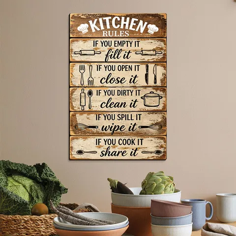 Vintage Holz Küchenregeln Hängendes Schild Rustikal Landhausstil Wand Dekor Plakette Für Zuhause Esszimmer Innen