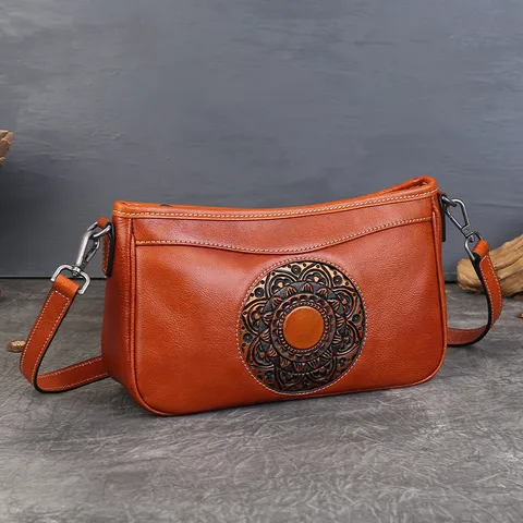 Womens Vintage First Layer Cowhide Leather Shoulder Bag Embossed Underarm Bag Casual Retro Tote Bag Purse