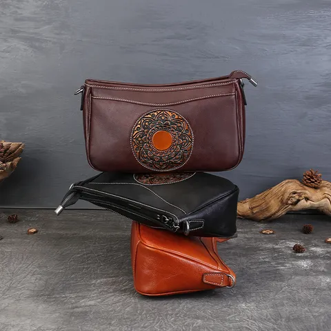Womens Vintage First Layer Cowhide Leather Shoulder Bag Embossed Underarm Bag Casual Retro Tote Bag Purse