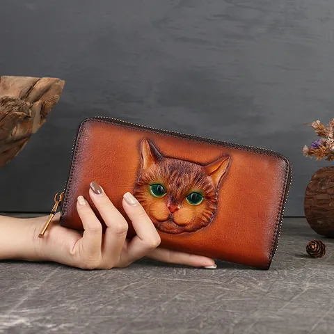 Women Long Wallet Genuine Leather Vintage Embossed Cat Zipper Clutch Bag Large Capacity Card Holder Purse