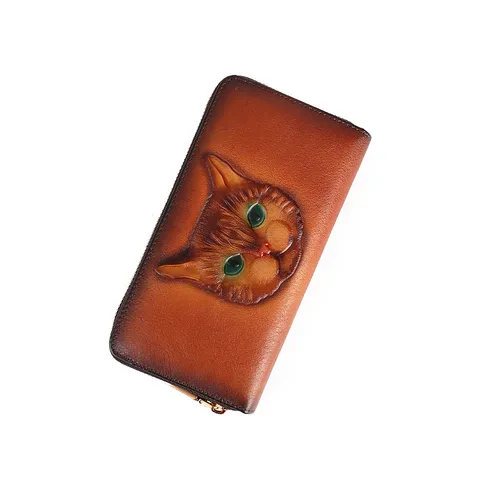 Women Long Wallet Genuine Leather Vintage Embossed Cat Zipper Clutch Bag Large Capacity Card Holder Purse