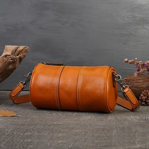 Women Retro Genuine Leather Crossbody Bag Casual Small Cylinder Pillow Bag Vintage Solid Color Fashion Shoulder Bag