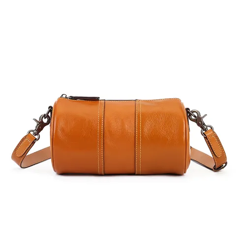 Women Retro Genuine Leather Crossbody Bag Casual Small Cylinder Pillow Bag Vintage Solid Color Fashion Shoulder Bag